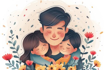 Dad with his children on a blooming background.