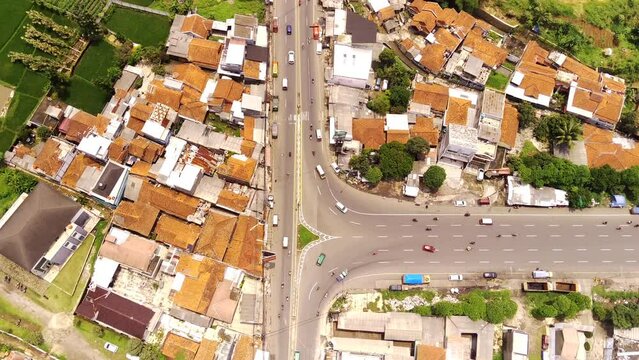 Drone Footage. Shot in 4K Resolution 30 Fps. Aerial shot of Highway T-junction, highway leading to Jationangor area, Bandung, West Java Indonesia, Asia.