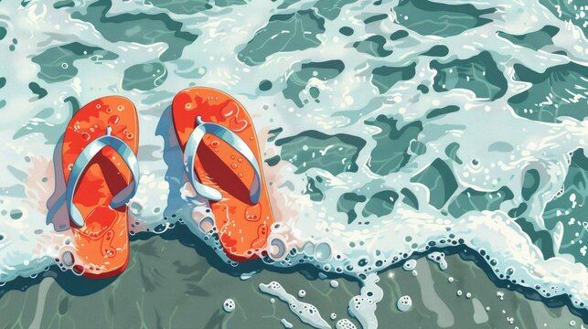 Orange women's flip-flops near the seashore. Summer vacation.