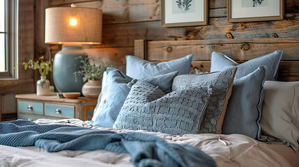 Cozy French Country: Rustic Lamp & Wood Headboard in Modern Bedroom