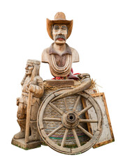 Sculpture of cowboy and american indian wood carving with cartwheel, buffalo horn decoration isolated on white background. Wooden figurine or statue of cowboy with native american and wagon wheel