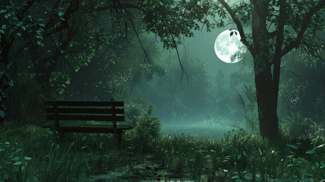 A clearing in the forest with a solitary bench bathed in the soft light of the moon. The only sounds are the peaceful chirping of . .