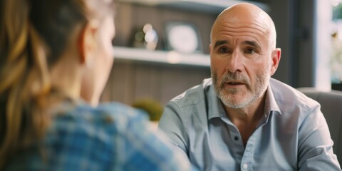 Mature male therapist offering support during a consultation, conveying understanding. - obrazy, fototapety, plakaty