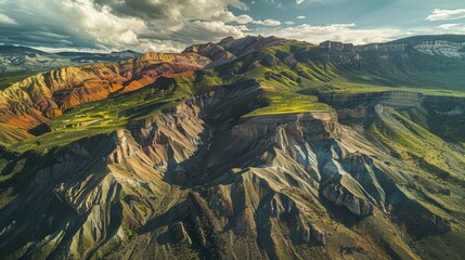 An aerial shot of a rugged mountainside covered in a mix of colorful earth tones resembling a patchwork quilt. - obrazy, fototapety, plakaty