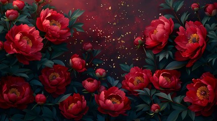 Traditional red gold peony illustration poster background