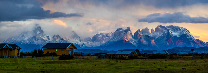 Sunrise in Torres del Paine seen from a valley of Serrano River - 773650536