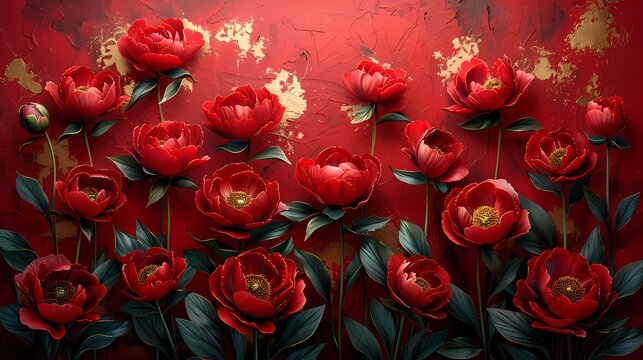 Traditional red gold peony illustration poster background