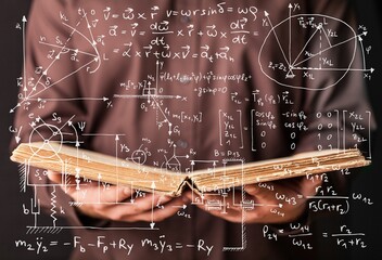 A student or scientist hold a book of physics equation - 773650918