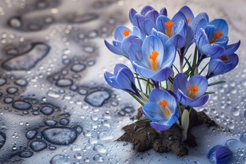 Spring flowers of blue crocuses in drops of water on the background of tracks of rain drops generative ai