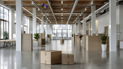 Cardboard boxes in empty office interior, moving concept. . Move to new office. Ai generative - obrazy, fototapety, plakaty
