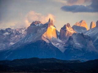 Sunrise in Torres del Paine seen from a valley of Serrano River