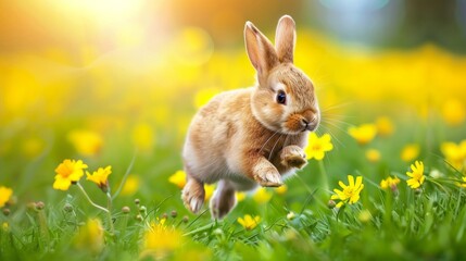A rabbit playfully runs through a field of vibrant yellow wildflowers, showcasing a scene of...