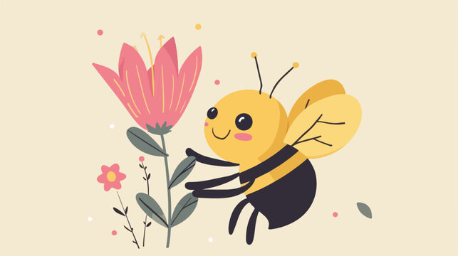 Cute bee holding pink flower illustration flat cart