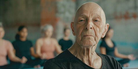 An older man engaging in a yoga class with other participants in the background