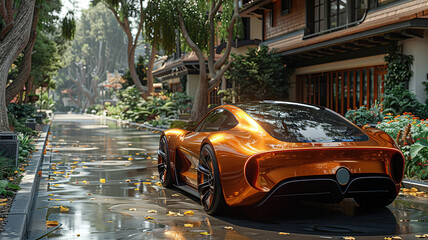 Luxury orange sports car parked on a wet street