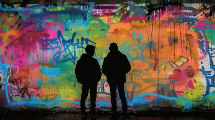 A pair of silhouetted figures stand against a colorful graffiticovered background their spray cans at the ready as they plan out their . .
