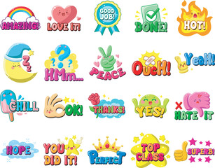 Fototapeta premium Cute text sticker message illsutration. Colorful positive quotes text. Cute sticker with faces and text.
