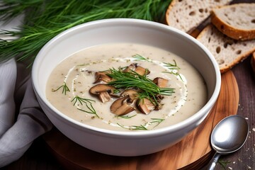 Creamy Mushroom soup with roasted mushrooms and Dill garnish in a white bowl, restaurant menu concept, Professional food photography with a side of sour dough bread slices, rustic theme