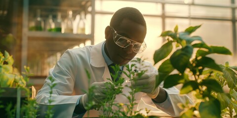 Focused African American botanist researching sustainable growth in a plant-filled space. - obrazy, fototapety, plakaty