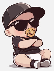 Cool Baby Like a Boss Toddler with Baseball Cap and large Sunglasses Mini Chef Baby	