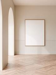 Vertical wood frame mockup hanging on white wall with arch, Minimal frame mockup, 3d illustration.