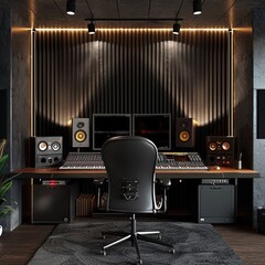 A modern home recording studio setup, featuring a sleek black interface and LED lights