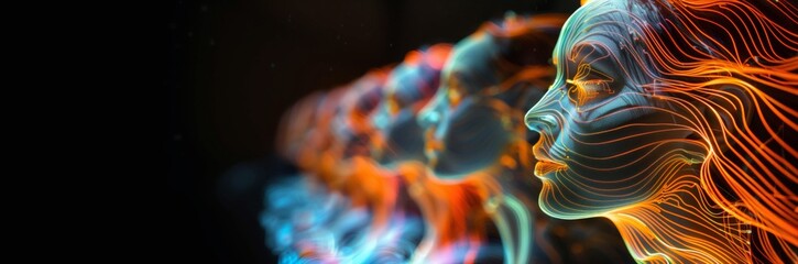 Futuristic digital human profiles in a row, evolution concept.