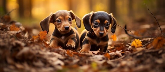 Two adorable tiny puppies resting among autumn foliage in a serene woodland setting