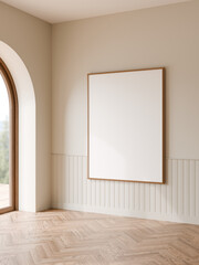 Vertical wood frame mockup hanging on white wall with arch, Minimal frame mockup, 3d illustration.