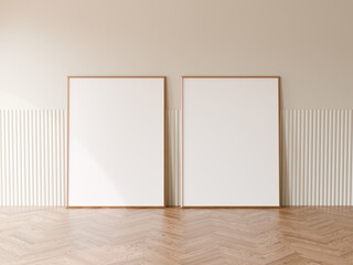 Two vertical blank frame with minimal white flute wall cladding, Wood floor, 3d illustration.
