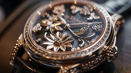 Zoom in on the delicate filigree work of a rose gold watch, with its intricate floral motifs adding...