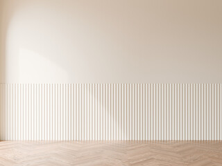 White wall interior background, White wall mockup with white flute panel, Wooden floor, 3d illustration.