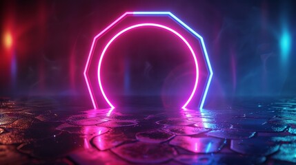 abstract minimal neon background with glowing Octagon and circle line