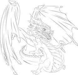 Line art of dragon with wings. Vector illustration of green winged dragon pointing with its right paw finger. Dragon with wings, horns, teeth, mustache, paws, tail and horny scales. 