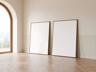 Two vertical frame mockup with white wall minimal decoration, Wood floor, Arch door, 3d illustration.