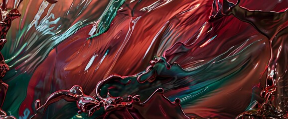 A tapestry of ruby red, emerald green, and copper unfolds, creating an abstract masterpiece on a liquid canvas."