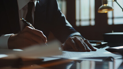 A man is writing on a piece of paper with a pen. He is dressed in a suit and tie, and the image conveys a sense of professionalism and formality