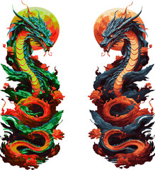 Majestic Serpentine, Intricately Designed Dragons Amidst Swirling Flames and Colors Exuding a Mythical Aura