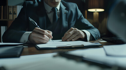 A man is writing on a piece of paper with a pen. He is dressed in a suit and tie, and the image conveys a sense of professionalism and formality