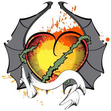 winged heart ribbon tattoo aqua colors sticker in vector format