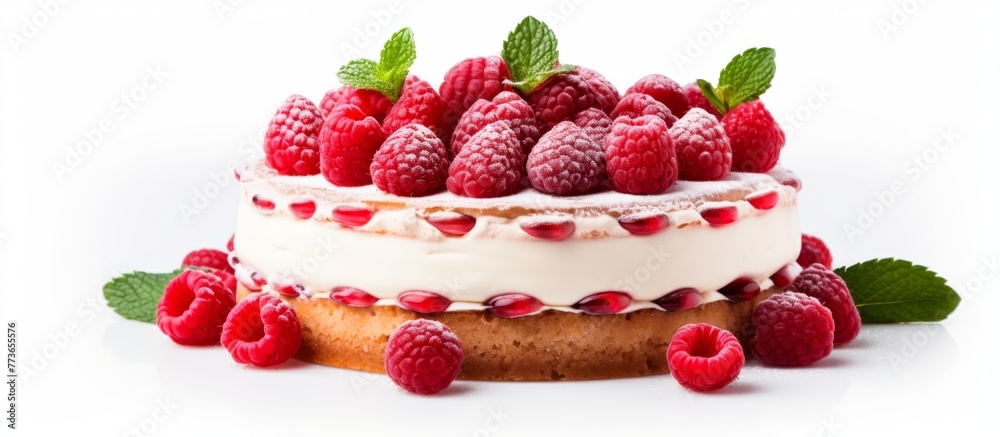 Canvas Prints A delicious cake topped with fresh raspberries, showcasing a close-up view of the mouthwatering dessert