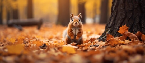 The small brown squirrel is perched on the earth covered with scattered dry leaves, blending into the natural surroundings - obrazy, fototapety, plakaty