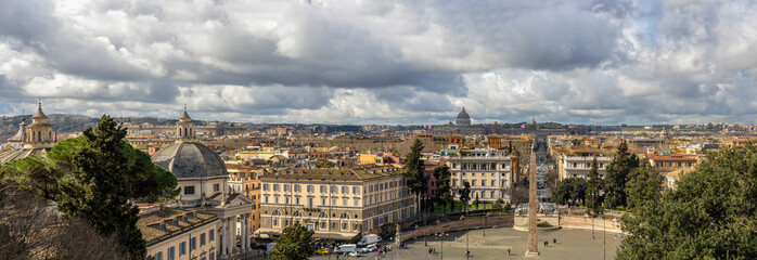 Aerial view of the historical center of Rome, Italy, and Piazza del Popolo from Terrazza del Pincio