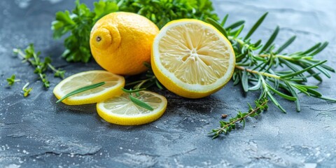 A whole lemon, lemon slices, and sprigs of rosemary placed on a wooden table, with freshly squeezed lemon juice surrounding them