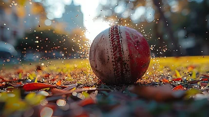 Fotobehang Zoom in on the graceful arc of a cricket ball's flight, tracing its trajectory through the air with precision and grace. © ra0