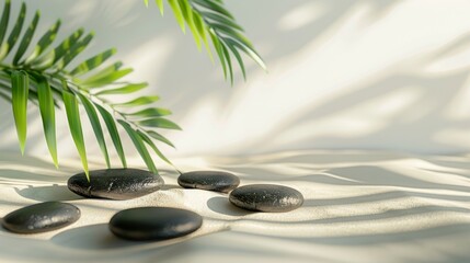 Collection of black stones placed on top of a clean white tabletop in a zen-inspired arrangement