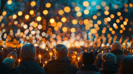 A group of people are holding candles in their hands at a social event - obrazy, fototapety, plakaty