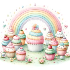 Colorful Cupcakes and Rainbow Illustration
