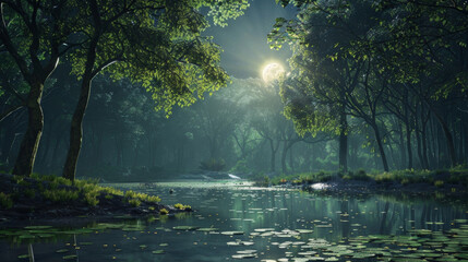 A serene clearing in the midst of a dense forest with a tranquil pond reflecting the moons shimmering light. The air is filled with . .