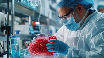 Scientist examining a realistic 3D-printed brain model in a laboratory, highlighting advancements in medical research and technology. - obrazy, fototapety, plakaty